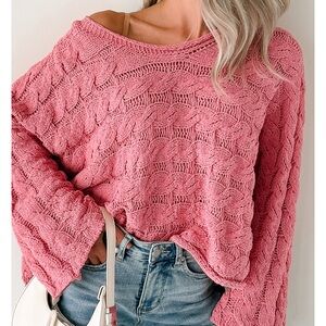 POL Off-Shoulder Cable Knit Sweater in Pink